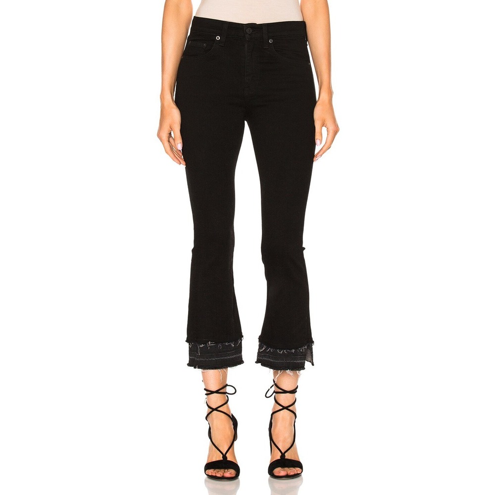 RAG & BONE Black Crop Flare Jeans, Coal Double Hem, Distressed Hem Size 24